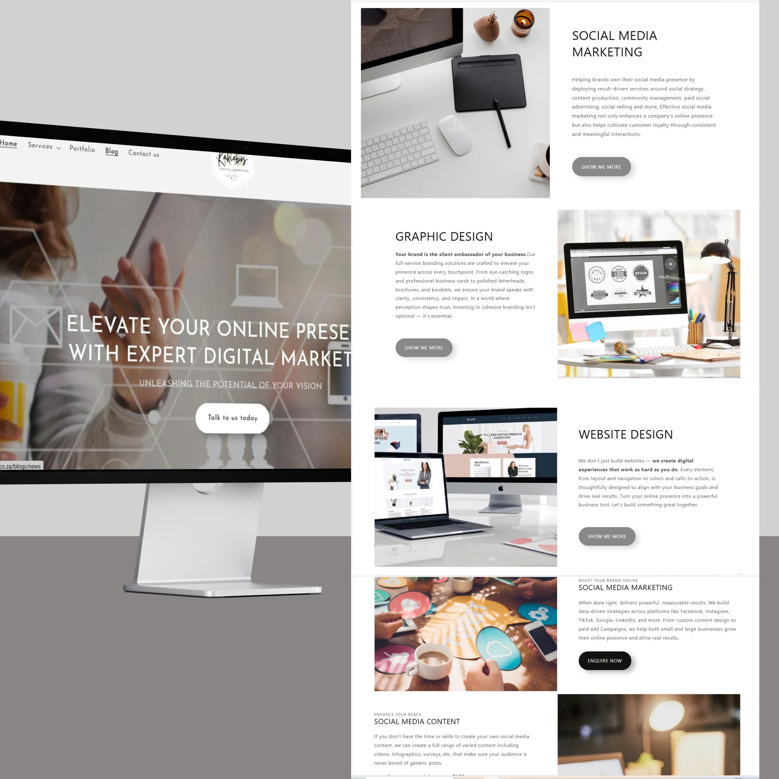 desktop showing kakiebos digital marketing website and page layout