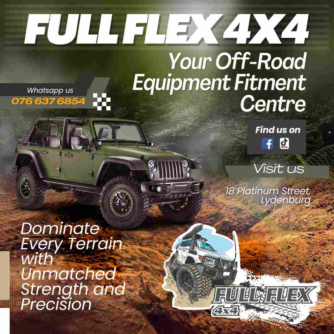 social media post design for full flex 4x4 showing 4x4 vehicle and information on equipment fitment centre in Lydenburg